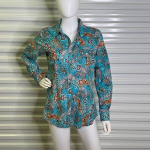 Ariat Brown Pearl Snap Blue/Brown Paisley 100% Cotton Womens M Shirt